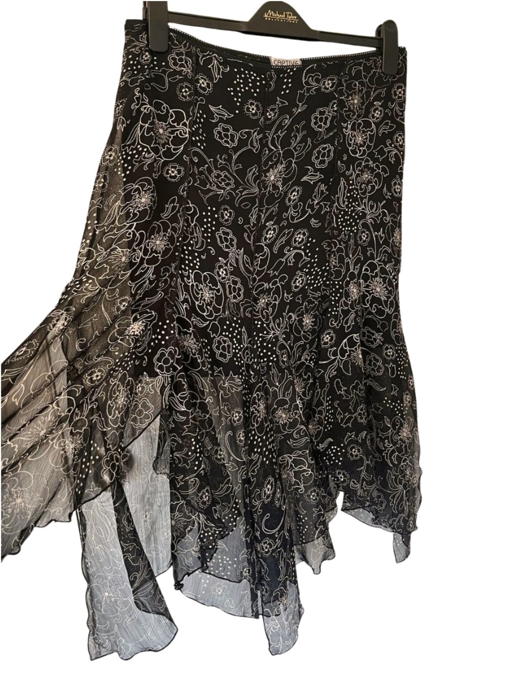Y2K Sheer Handkerchief Hem Midi Skirt Black Floral Mesh Fairy Goth Boho - Picture 2 of 3